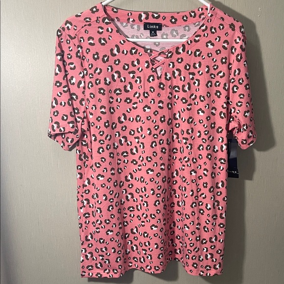 Link NWT medium Pink brown Leopard Print Lace-Up v neck Top - Picture 1 of 4